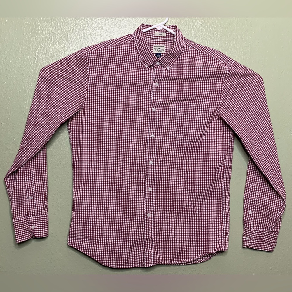 Sewn For J.Crew Secret Wash Mens Sz L Slim Dark Red White Gingham Stretch Shirt